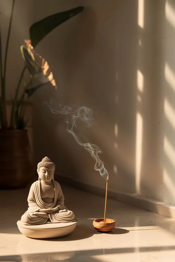 Incienso y figura de Buda en ambiente sereno