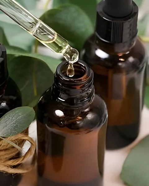 Aceite esencial goteando sobre un frasco ámbar entre hojas de eucalipto