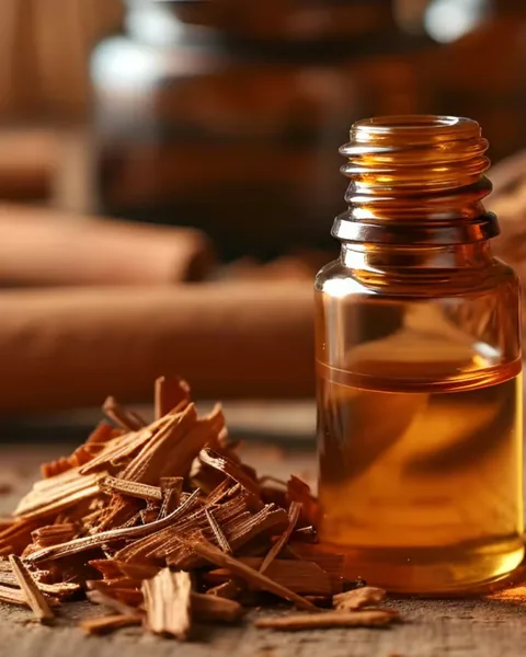 Frasco de aceite esencial de sándalo junto a astillas de madera de sándalo